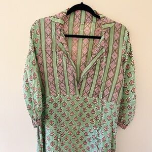 Green and Pink Patterned Midi Dress